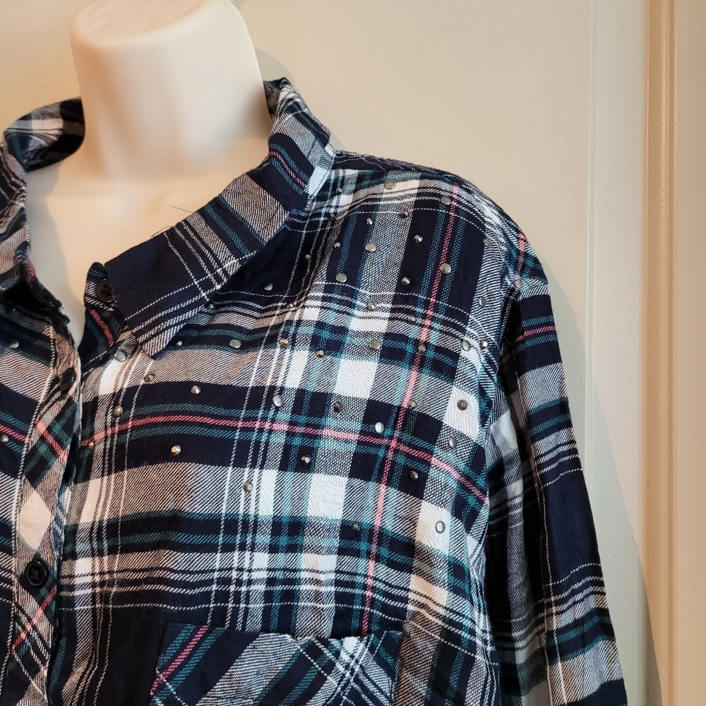 Catherine's Plaid Button Down Shirt studs Top 3X